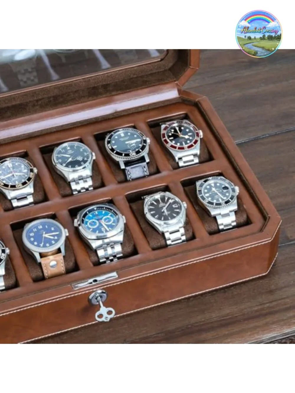 12 Slot PU Leather Watch Box with Glass Top for Men